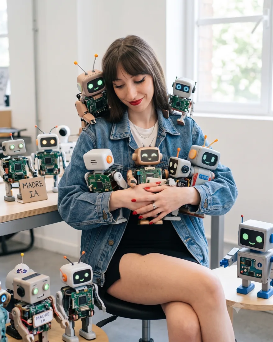 Anabella Simonpietri abrazada a un montón de robots, con un cartel que dice Madre IA