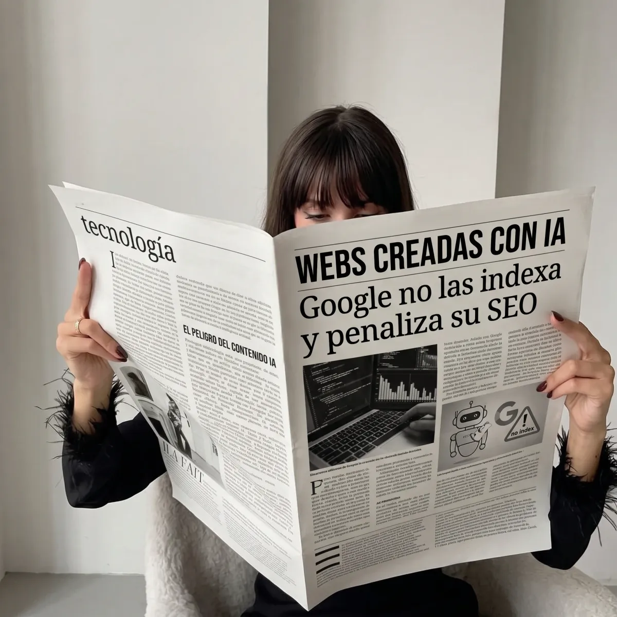 Anabella Simonpietri leyendo un diario con el titular: Webs creadas con IA, Google no las indexa